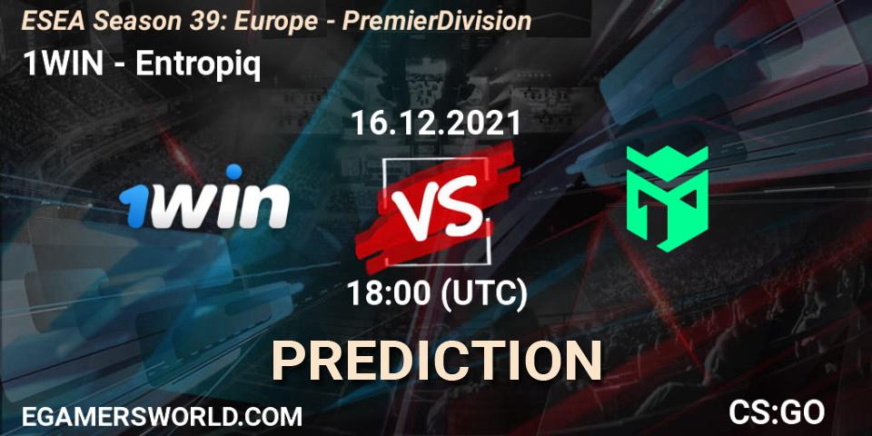 1WIN contre Entropiq : prédiction de match. 16.12.2021 at 18:00. Counter-Strike (CS2), ESEA Season 39: Europe - Premier Division
