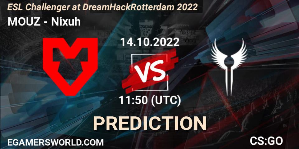 MOUZ contre Nixuh : prédiction de match. 14.10.2022 at 12:45. Counter-Strike (CS2), ESL Challenger at DreamHack Rotterdam 2022