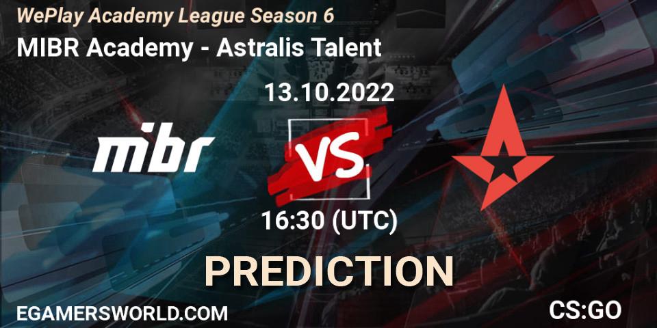 MIBR Academy contre Astralis Talent : prédiction de match. 13.10.2022 at 16:30. Counter-Strike (CS2), WePlay Academy League Season 6