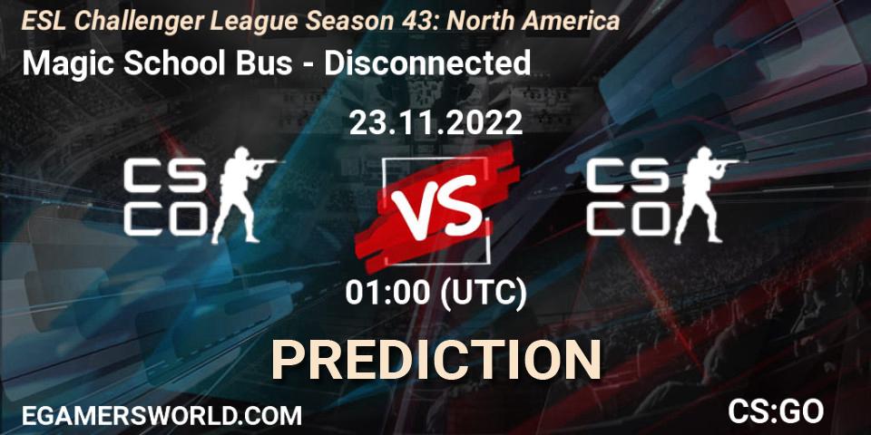 Magic School Bus contre Disconnected : prédiction de match. 23.11.2022 at 01:00. Counter-Strike (CS2), ESL Challenger League Season 43: North America