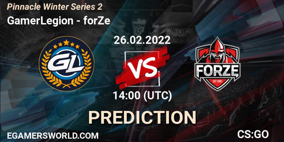 GamerLegion contre forZe : prédiction de match. 26.02.2022 at 14:00. Counter-Strike (CS2), Pinnacle Winter Series 2
