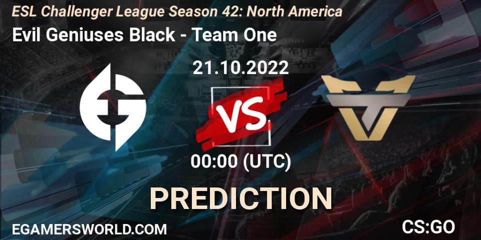 Evil Geniuses Black contre Team One : prédiction de match. 21.10.2022 at 01:00. Counter-Strike (CS2), ESL Challenger League Season 42: North America
