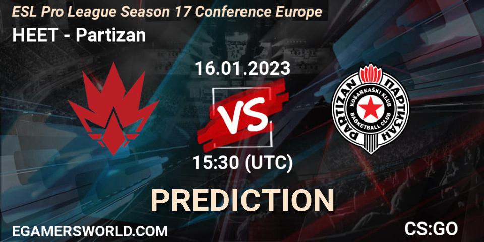HEET contre Partizan : prédiction de match. 16.01.2023 at 15:30. Counter-Strike (CS2), ESL Pro League Season 17 Conference Europe
