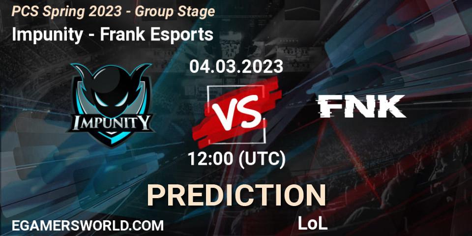 Impunity contre Frank Esports : prédiction de match. 11.02.2023 at 12:10. LoL, PCS Spring 2023 - Group Stage