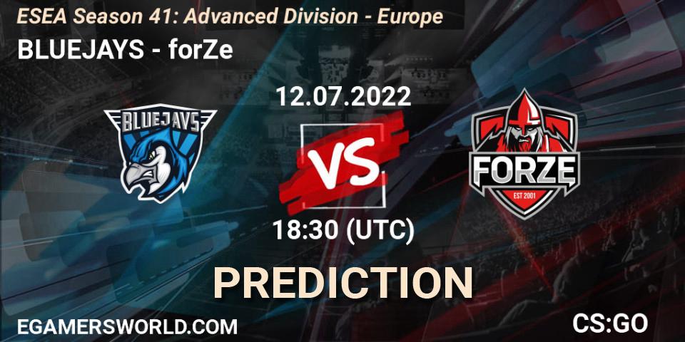 BLUEJAYS contre forZe : prédiction de match. 14.07.2022 at 11:00. Counter-Strike (CS2), ESEA Season 41: Advanced Division - Europe