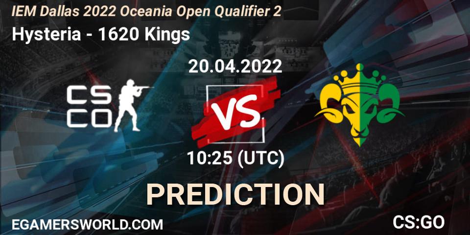 Hysteria contre 1620 Kings : prédiction de match. 20.04.2022 at 10:25. Counter-Strike (CS2), IEM Dallas 2022 Oceania Open Qualifier 2