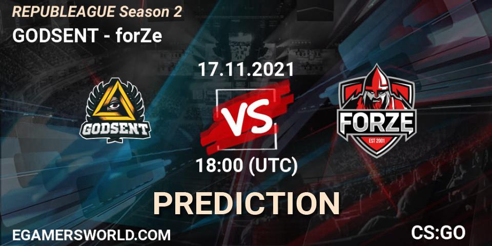 GODSENT contre forZe : prédiction de match. 17.11.2021 at 18:00. Counter-Strike (CS2), REPUBLEAGUE Season 2