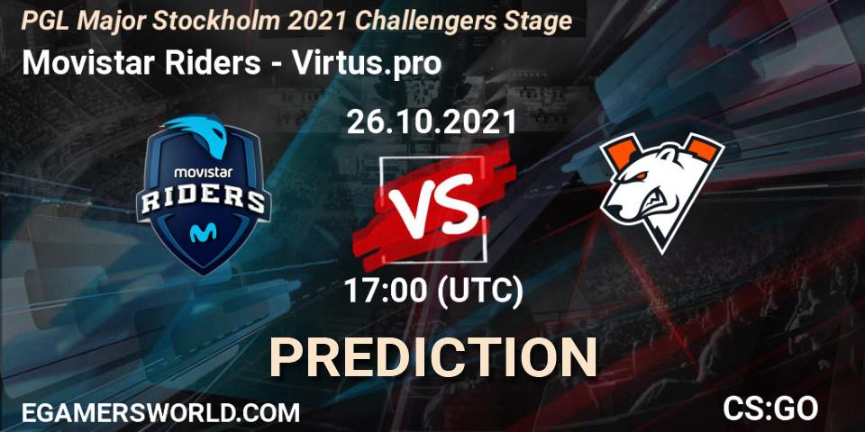Movistar Riders contre Virtus.pro : prédiction de match. 26.10.2021 at 18:25. Counter-Strike (CS2), PGL Major Stockholm 2021 Challengers Stage