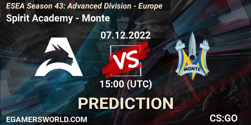 Spirit Academy contre Monte : prédiction de match. 07.12.2022 at 15:00. Counter-Strike (CS2), ESEA Season 43: Advanced Division - Europe