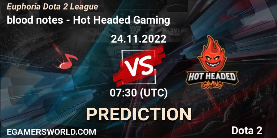 blood notes contre Hot Headed Gaming : prédiction de match. 24.11.2022 at 07:30. Dota 2, Euphoria Dota 2 League