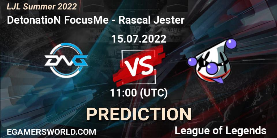 DetonatioN FocusMe contre Rascal Jester : prédiction de match. 15.07.2022 at 11:30. LoL, LJL Summer 2022