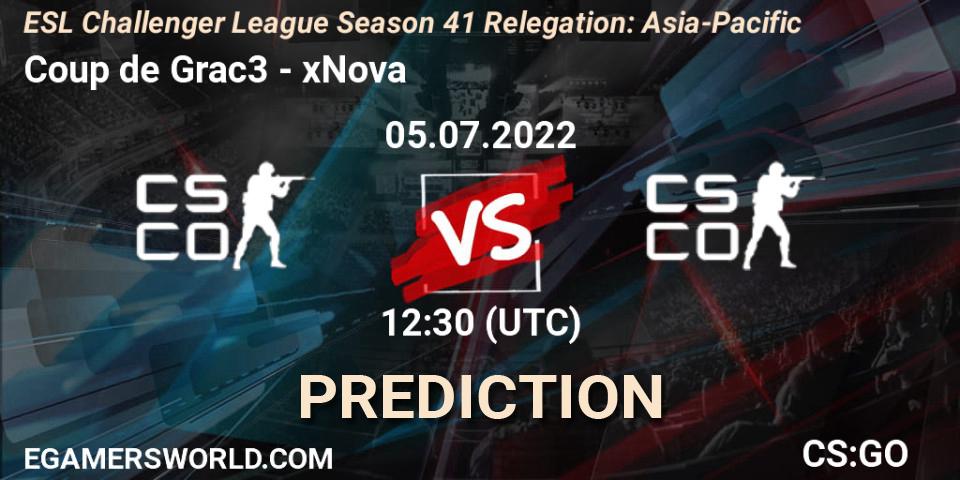 Coup de Grac3 contre xNova : prédiction de match. 05.07.2022 at 12:30. Counter-Strike (CS2), ESL Challenger League Season 41 Relegation: Asia-Pacific