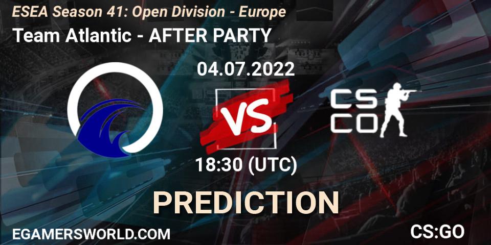 Team Atlantic contre AFTER PARTY : prédiction de match. 04.07.2022 at 17:30. Counter-Strike (CS2), ESEA Season 41: Open Division - Europe