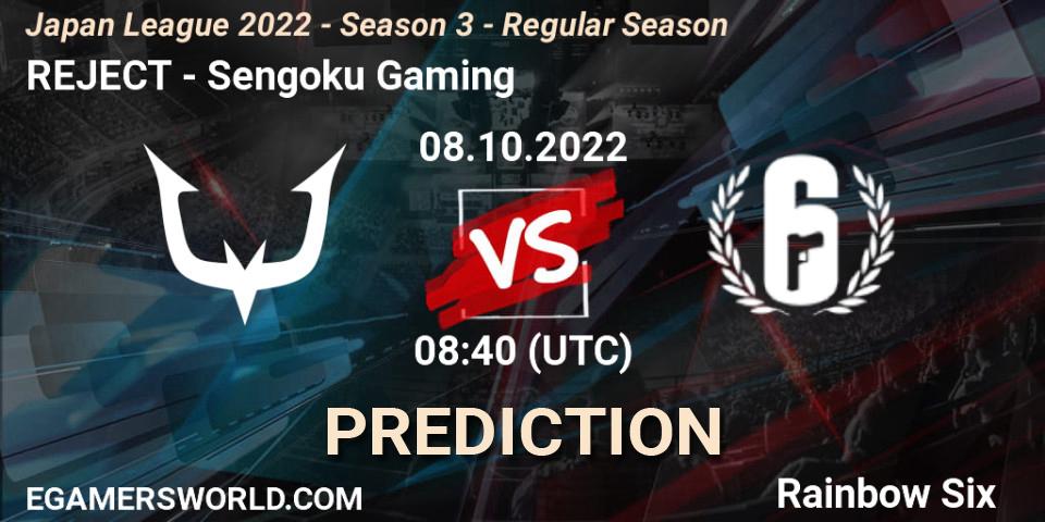REJECT contre Sengoku Gaming : prédiction de match. 08.10.2022 at 08:40. Rainbow Six, Japan League 2022 - Season 3 - Regular Season