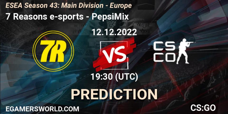 7 Reasons e-sports contre PepsiMix : prédiction de match. 12.12.2022 at 18:00. Counter-Strike (CS2), ESEA Season 43: Main Division - Europe