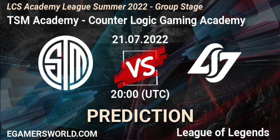 TSM Academy contre Counter Logic Gaming Academy : prédiction de match. 21.07.2022 at 20:00. LoL, LCS Academy League Summer 2022 - Group Stage