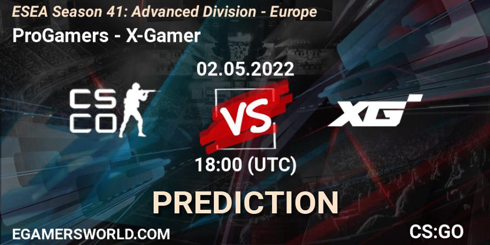 ProGamers contre X-Gamer : prédiction de match. 02.05.2022 at 18:00. Counter-Strike (CS2), ESEA Season 41: Advanced Division - Europe