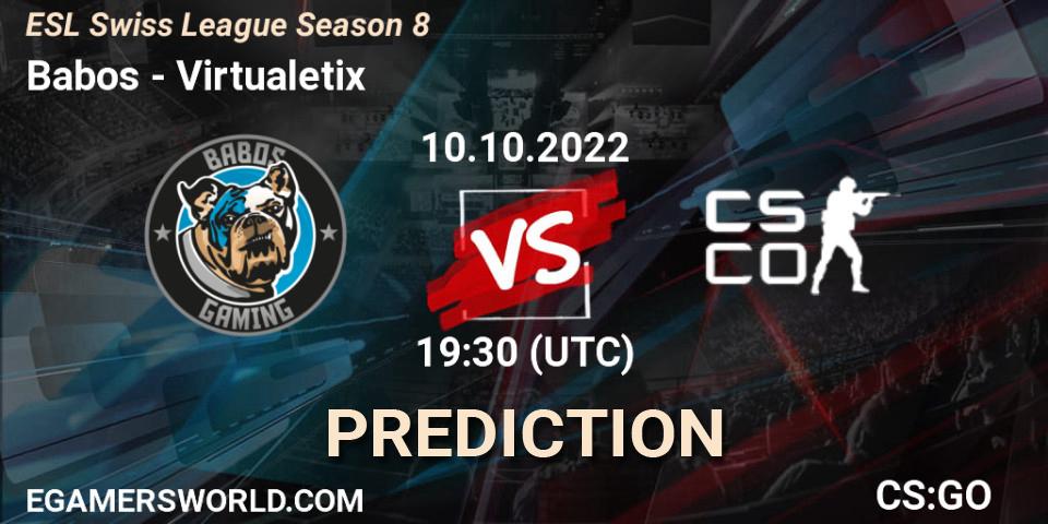 Babos contre Virtualetix : prédiction de match. 10.10.2022 at 19:30. Counter-Strike (CS2), ESL Swiss League Season 8