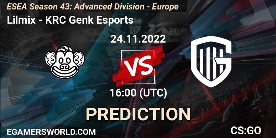 Lilmix contre KRC Genk Esports : prédiction de match. 24.11.2022 at 16:00. Counter-Strike (CS2), ESEA Season 43: Advanced Division - Europe