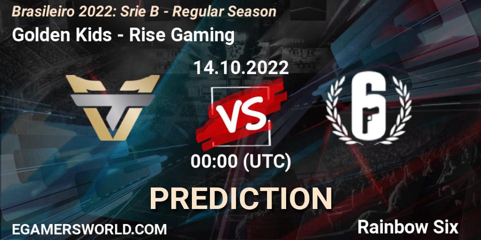 Golden Kids contre Rise Gaming : prédiction de match. 14.10.2022 at 00:00. Rainbow Six, Brasileirão 2022: Série B - Regular Season