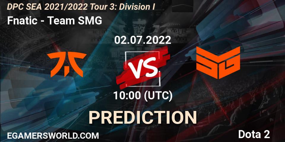Fnatic contre Team SMG : prédiction de match. 02.07.2022 at 10:00. Dota 2, DPC SEA 2021/2022 Tour 3: Division I