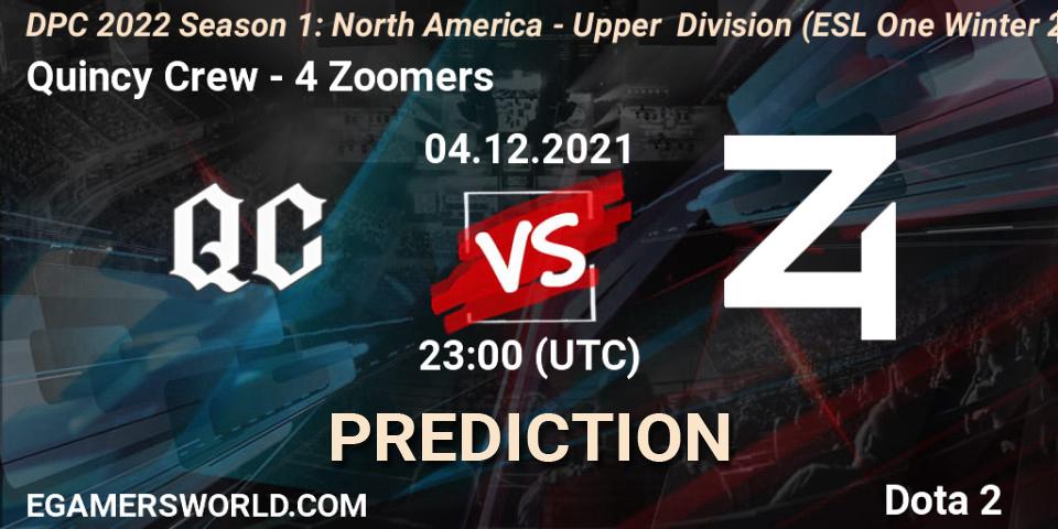 Quincy Crew contre 4 Zoomers : prédiction de match. 04.12.2021 at 22:55. Dota 2, DPC 2022 Season 1: North America - Upper Division (ESL One Winter 2021)