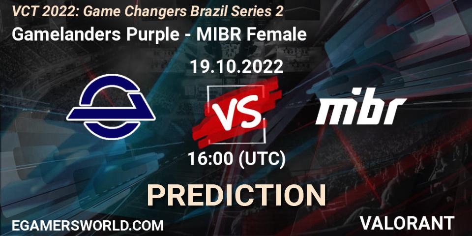 Gamelanders Purple contre MIBR Female : prédiction de match. 19.10.2022 at 16:20. VALORANT, VCT 2022: Game Changers Brazil Series 2