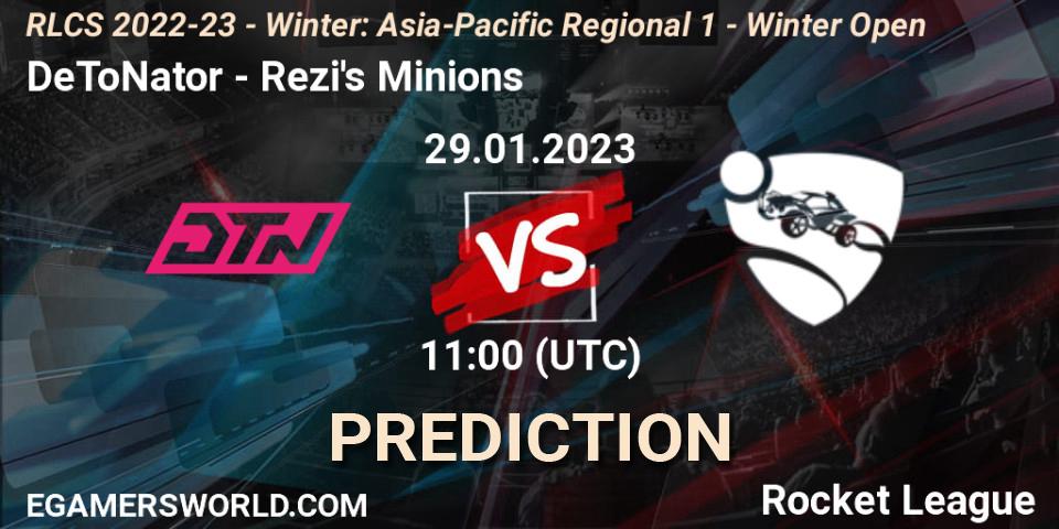 DeToNator contre Rezi's Minions : prédiction de match. 29.01.2023 at 10:00. Rocket League, RLCS 2022-23 - Winter: Asia-Pacific Regional 1 - Winter Open