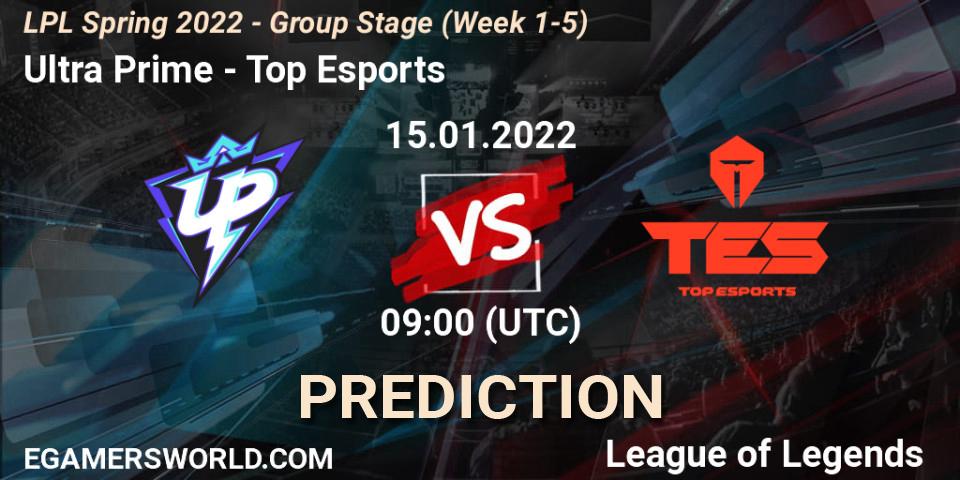 Ultra Prime contre Top Esports : prédiction de match. 15.01.2022 at 09:00. LoL, LPL Spring 2022 - Group Stage (Week 1-5)