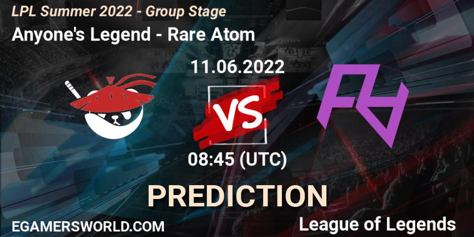 Anyone's Legend contre Rare Atom : prédiction de match. 11.06.2022 at 08:45. LoL, LPL Summer 2022 - Group Stage