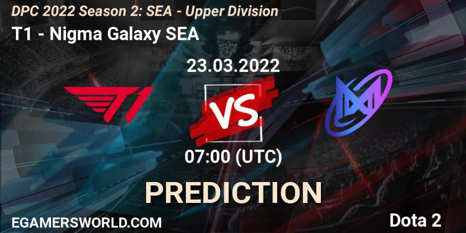 T1 contre Nigma Galaxy SEA : prédiction de match. 23.03.2022 at 07:16. Dota 2, DPC 2021/2022 Tour 2 (Season 2): SEA Division I (Upper)