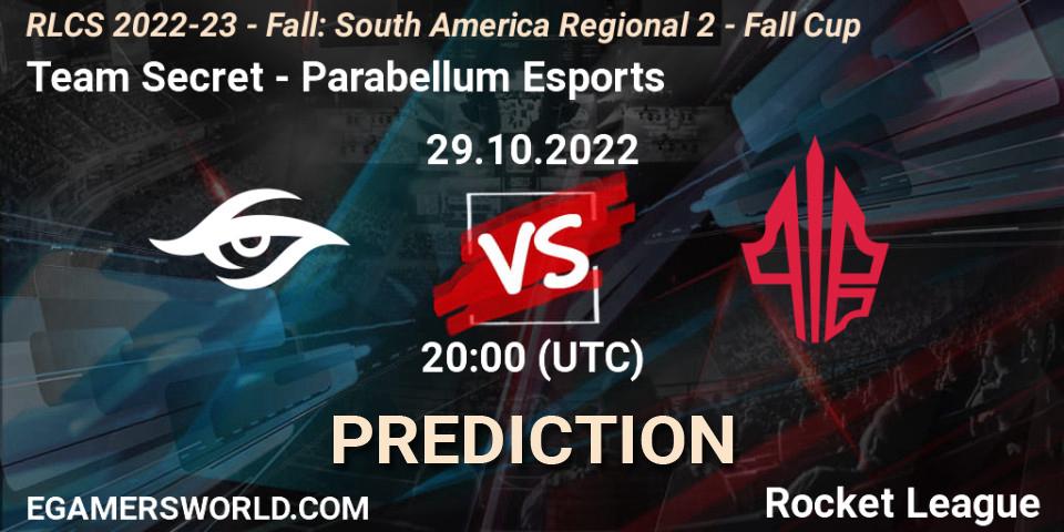 Team Secret contre Parabellum Esports : prédiction de match. 29.10.2022 at 20:00. Rocket League, RLCS 2022-23 - Fall: South America Regional 2 - Fall Cup