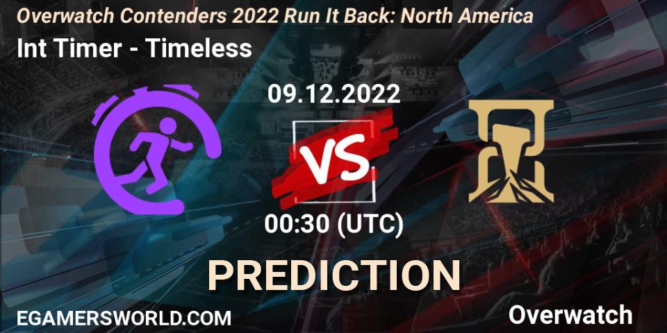 Int Timer contre Timeless : prédiction de match. 09.12.2022 at 00:30. Overwatch, Overwatch Contenders 2022 Run It Back: North America