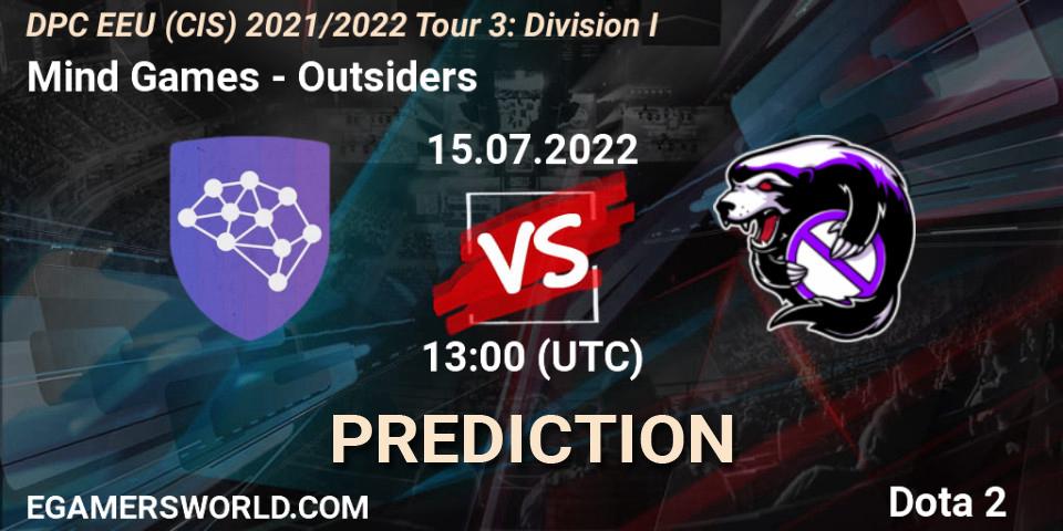 Mind Games contre Outsiders : prédiction de match. 15.07.2022 at 13:38. Dota 2, DPC EEU (CIS) 2021/2022 Tour 3: Division I