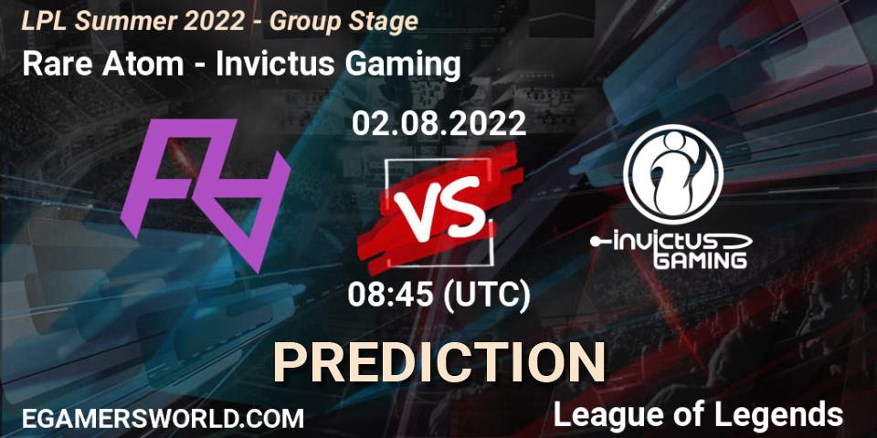 Rare Atom contre Invictus Gaming : prédiction de match. 02.08.2022 at 09:00. LoL, LPL Summer 2022 - Group Stage