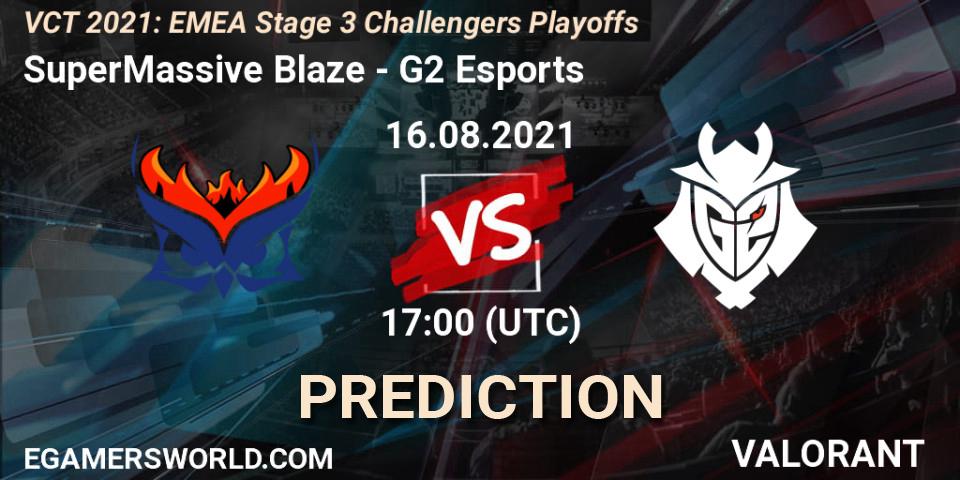 SuperMassive Blaze contre G2 Esports : prédiction de match. 16.08.2021 at 18:15. VALORANT, VCT 2021: EMEA Stage 3 Challengers Playoffs