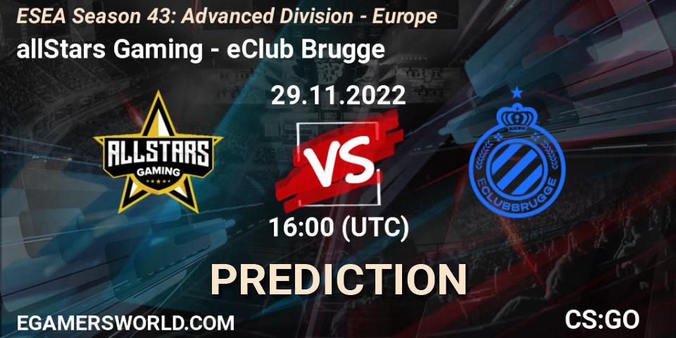 allStars Gaming contre eClub Brugge : prédiction de match. 29.11.22. CS2 (CS:GO), ESEA Season 43: Advanced Division - Europe