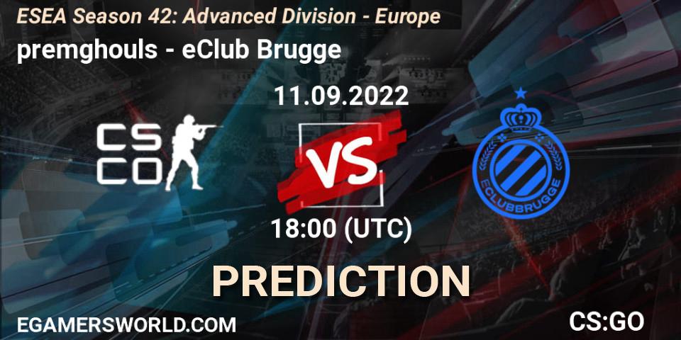 premghouls contre eClub Brugge : prédiction de match. 11.09.2022 at 18:00. Counter-Strike (CS2), ESEA Season 42: Advanced Division - Europe