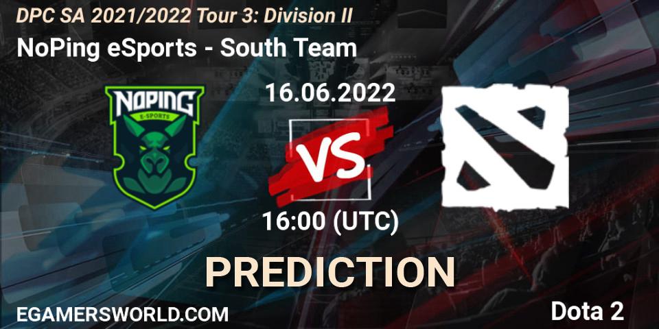 NoPing eSports contre South Team : prédiction de match. 16.06.2022 at 16:10. Dota 2, DPC SA 2021/2022 Tour 3: Division II
