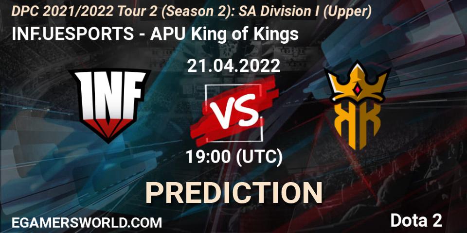INF.UESPORTS contre APU King of Kings : prédiction de match. 21.04.2022 at 22:21. Dota 2, DPC 2021/2022 Tour 2 (Season 2): SA Division I (Upper)