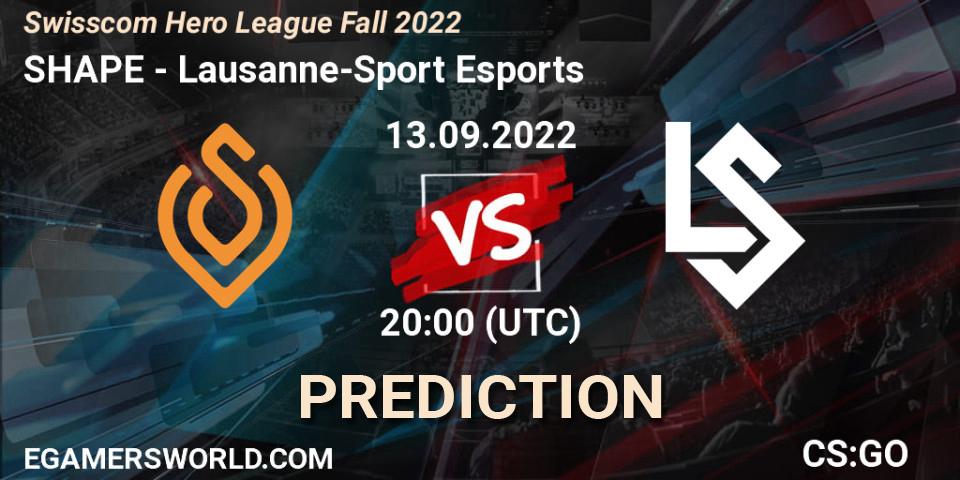 SHAPE contre Lausanne-Sport Esports : prédiction de match. 13.09.2022 at 20:00. Counter-Strike (CS2), Swisscom Hero League Fall 2022