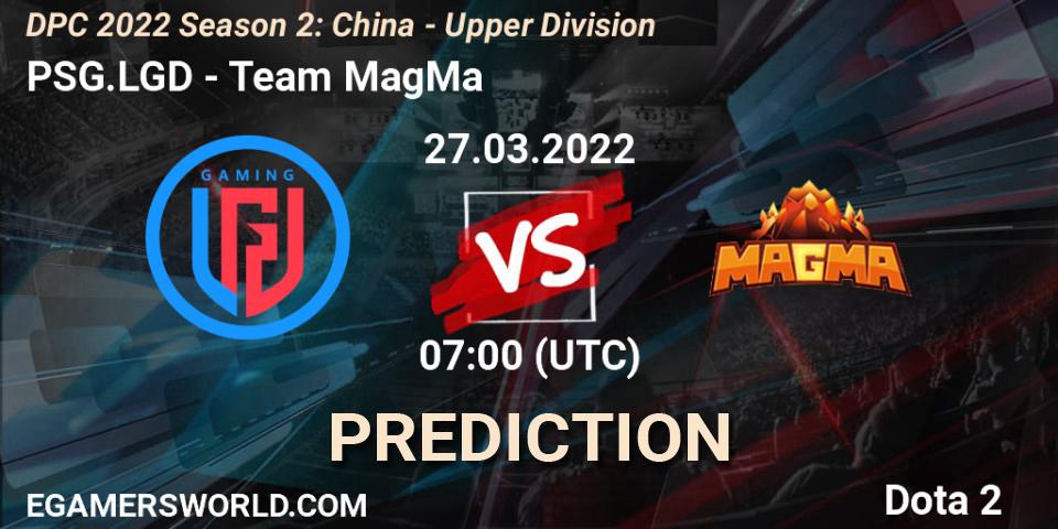 PSG.LGD contre Team MagMa : prédiction de match. 27.03.2022 at 07:04. Dota 2, DPC 2021/2022 Tour 2 (Season 2): China Division I (Upper)