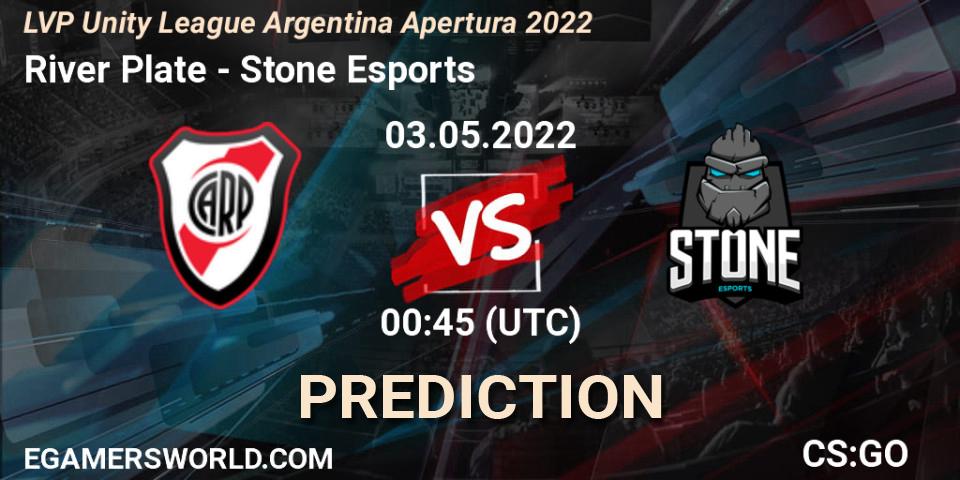 River Plate contre Stone Esports : prédiction de match. 03.05.2022 at 00:45. Counter-Strike (CS2), LVP Unity League Argentina Apertura 2022