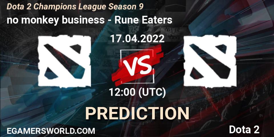 no monkey business contre Rune Eaters : prédiction de match. 17.04.2022 at 12:00. Dota 2, Dota 2 Champions League Season 9