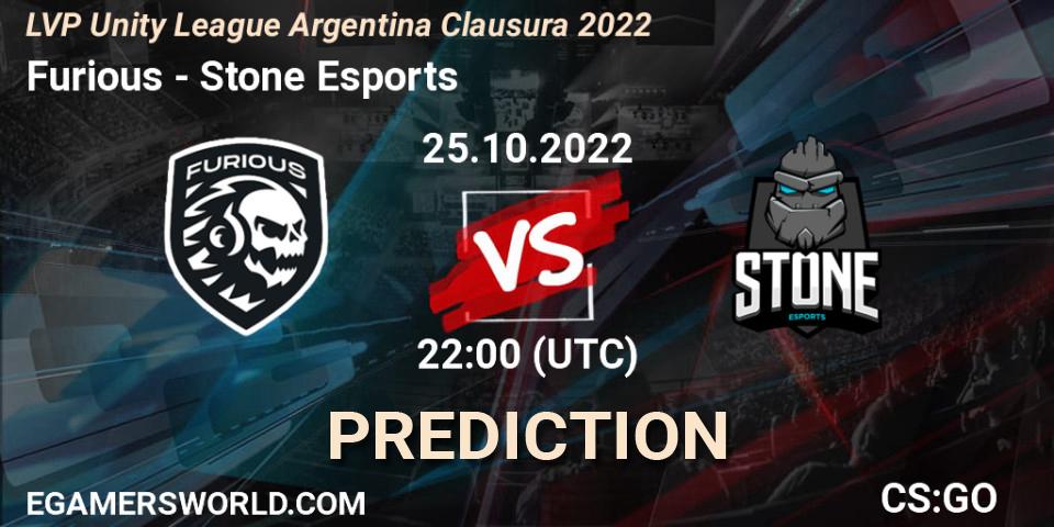 Furious contre Stone Esports : prédiction de match. 25.10.2022 at 22:00. Counter-Strike (CS2), LVP Unity League Argentina Clausura 2022