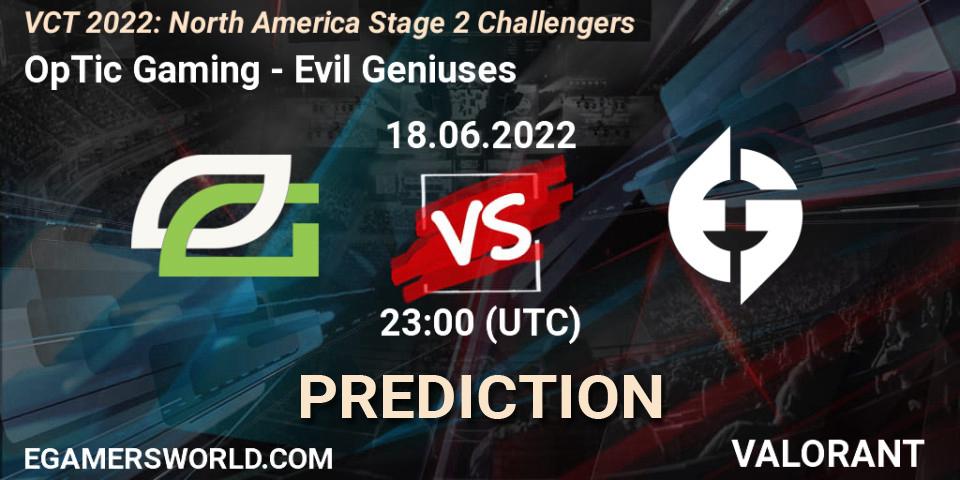 OpTic Gaming contre Evil Geniuses : prédiction de match. 18.06.2022 at 23:00. VALORANT, VCT 2022: North America Stage 2 Challengers