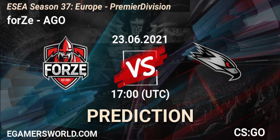 forZe contre AGO : prédiction de match. 23.06.2021 at 17:00. Counter-Strike (CS2), ESEA Season 37: Europe - Premier Division
