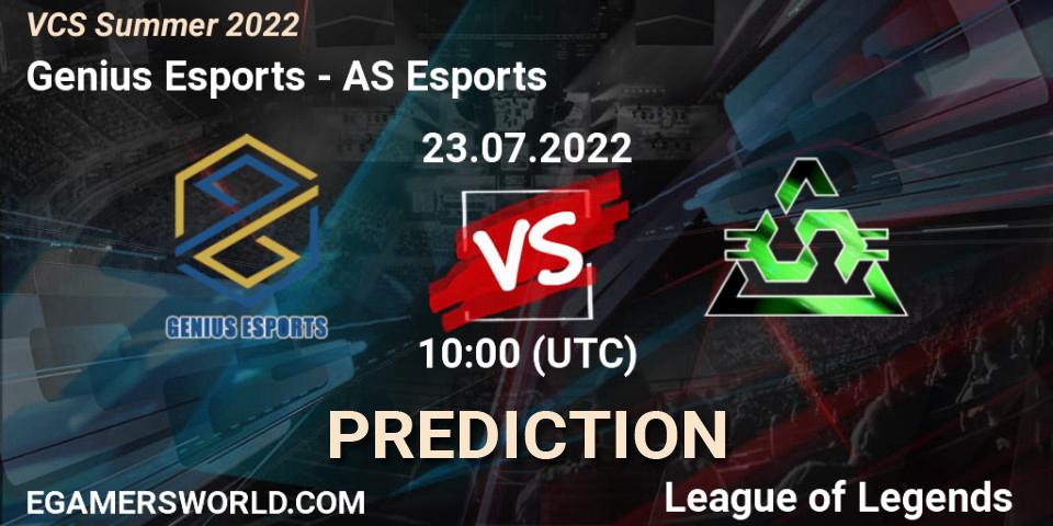 Genius Esports contre AS Esports : prédiction de match. 23.07.2022 at 10:00. LoL, VCS Summer 2022