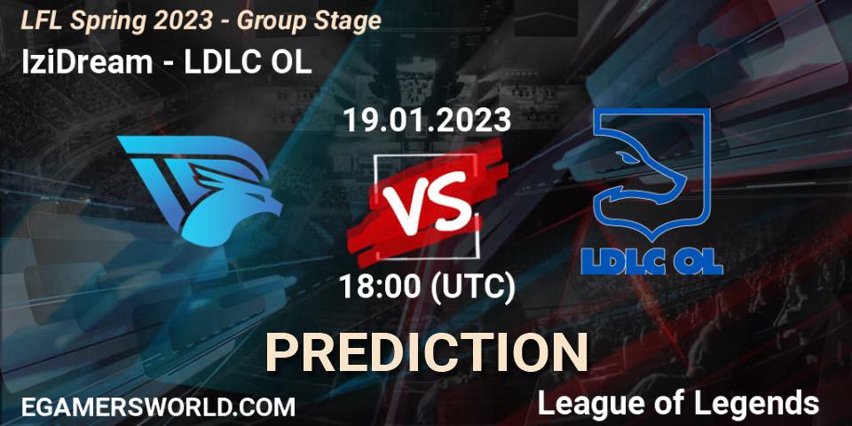 IziDream contre LDLC OL : prédiction de match. 19.01.2023 at 18:00. LoL, LFL Spring 2023 - Group Stage