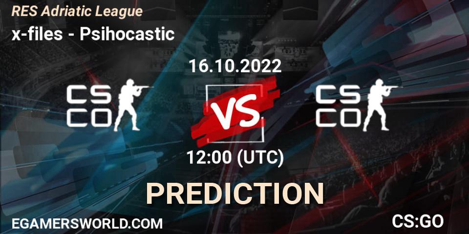 x-files contre Psihocastic : prédiction de match. 16.10.2022 at 12:00. Counter-Strike (CS2), RES Adriatic League